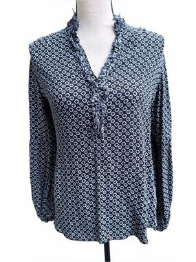Cino Navy & White Geometric Print Crinkle Blouse Size XS